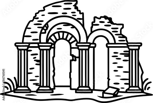 Ancient ruined stone arches with columns and broken walls surrounded by grass and debris