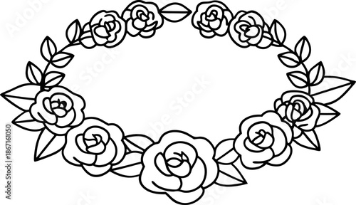 Floral wreath outline with roses and leaves in a symmetrical oval design