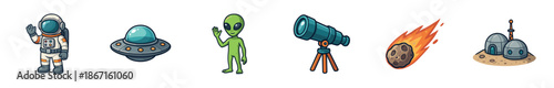 Vibrant collection of cartoon space elements including a waving astronaut, a friendly alien, a flying saucer, a telescope, a fiery asteroid, and a futuristic planetary colony