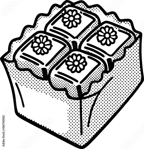 Illustration of square flower pot with four blooming flowers in black and white