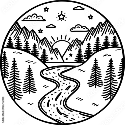 Mountain river flowing through pine forest with sunrise and starry sky in circle design