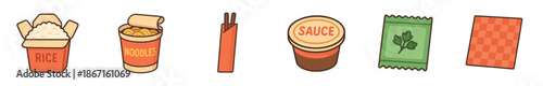 Collection of cartoon Asian food illustrations featuring a takeout box of rice, a cup of noodles, chopsticks, sauce, a seasoning packet, and a napkin
