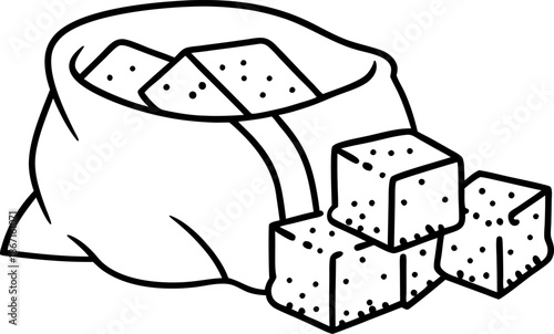 Sugar cubes in a sack, sweet white block pieces for cooking and baking