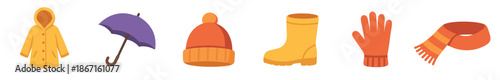 Collection of colorful autumn clothes and accessories including a raincoat, umbrella, hat, boot, glove, and scarf in a flat vector illustration style for seasonal weather concepts