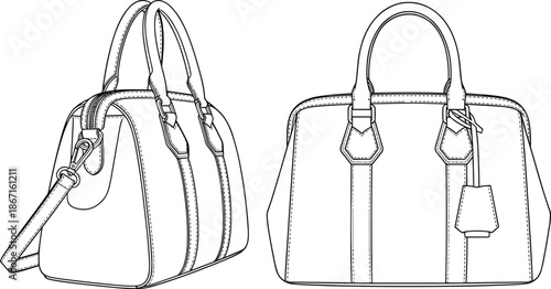 Women handbag fashion flat sketch showing front and angled views isolated on white background for modern luxury accessory design illustration
