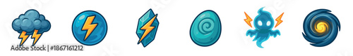 Set of six colorful cartoon game icons representing weather and elemental magic with a storm cloud, lightning bolt, crystal, spirit, and a swirling vortex for a fantasy UI