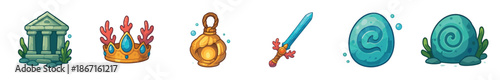 Set of six underwater fantasy game assets featuring a sunken temple, a coral crown, a crystal sword, a glowing pearl, and ancient spiral stones in a cartoon style