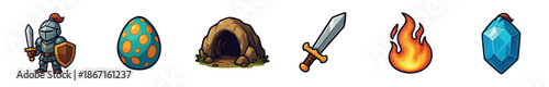 Six colorful fantasy video game icons featuring a knight, dragon egg, cave, sword, fire, and crystal for a role-playing adventure