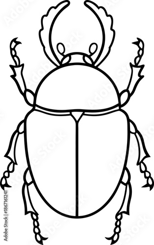 black and white illustration of a beetle insect with detailed legs and antennae