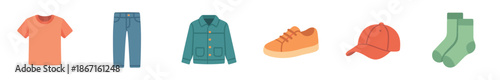 Colorful set of casual clothing items including a t-shirt, jeans, jacket, sneakers, cap, and socks arranged in a neat row, depicted in a simple flat illustration style