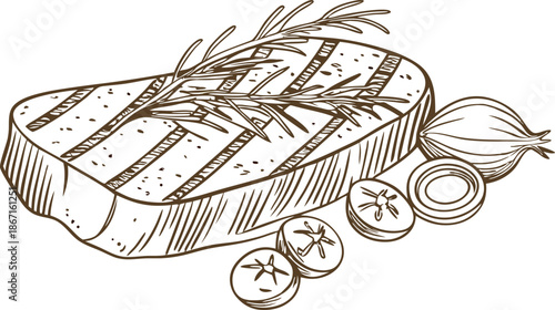 Grilled steak with rosemary and sliced tomatoes and onions sketch drawing