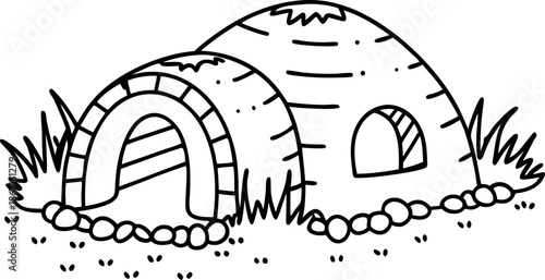 igloo house with snow, rounded dome structure and grass surrounding outline drawing