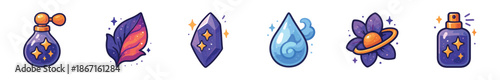 Set of six magical fantasy icons including a perfume bottle, crystal, leaf, water drop, and cosmic flower in a cute, sparkling cartoon sticker style for game assets or design