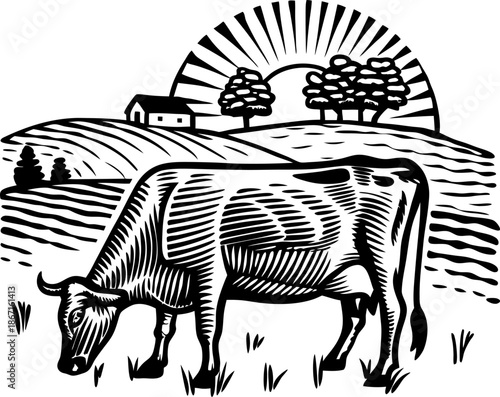 Cow grazing in rural farmland with sunrise and trees background in vintage woodcut