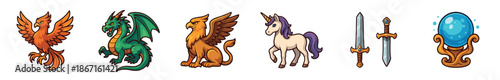 Set of colorful fantasy game icons featuring a phoenix, dragon, griffin, unicorn, swords, and a crystal ball, all rendered in a vibrant and detailed cartoon vector style