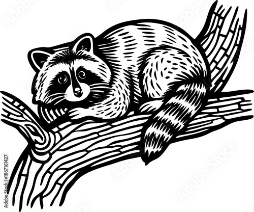 Raccoon resting on tree branch black and white illustration with detailed fur and stripes