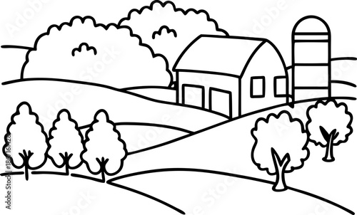 Farm landscape with barn, silo, trees, and rolling hills in simple line art