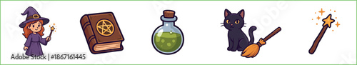 Charming set of cartoon witch icons featuring a young sorceress in a purple hat, a black cat with a broom, a spellbook, a bubbling green potion, and a sparkling magic wand