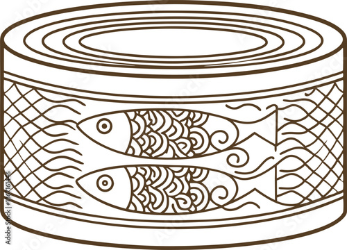 Canned fish illustration with detailed decorative scales in a round container