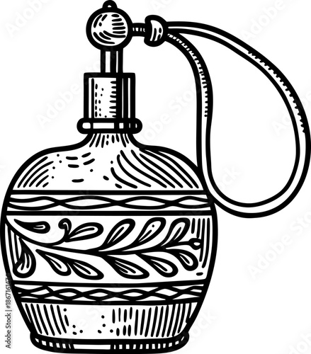 Vintage perfume atomizer bottle with decorative floral pattern illustration