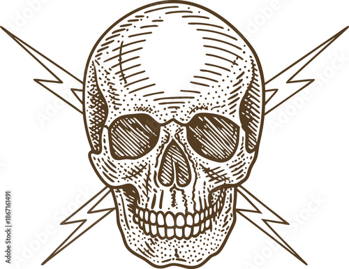 Vintage skull illustration with lightning bolts, detailed line art design, spooky and gothic