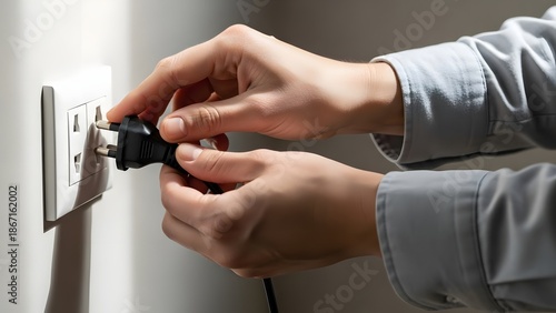 Person plugging electrical cord into wall outlet for power supply
