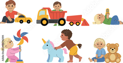 children, playing, toys, cartoon, vector, illustration, daycare, playroom, teddy bear, toy cars, dump truck, pinwheel, unicorn, magnet toy, childhood, fun, learning, activity, colorful, happy