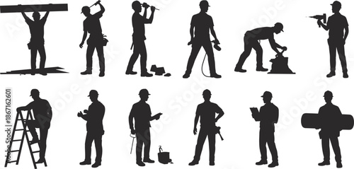 Cartoon construction worker silhouette icon set with tools, gear, and active poses for building, labor, and industrial themes.