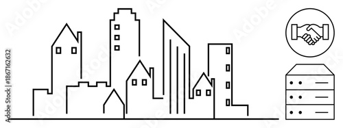 Urban development. Cityscape outline with business collaboration and data storage icons. Urban development signifies teamwork, data management, and corporate growth. For smart cities, collaboration