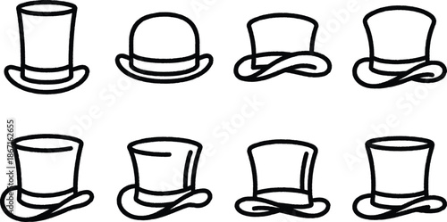 Collection of various top hats in different angles and styles  simple line art illustrations of classic headwear