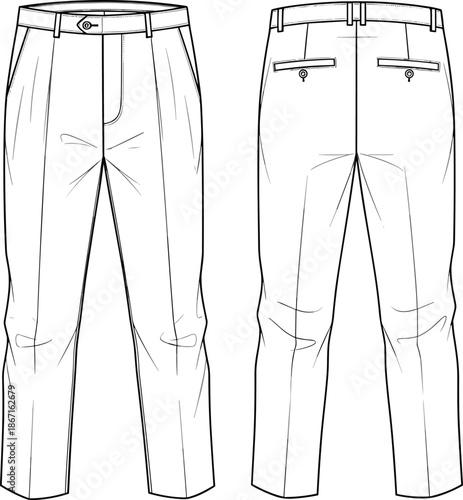 Men trousers fashion flat sketch showing front and back views isolated on white background for apparel design illustration