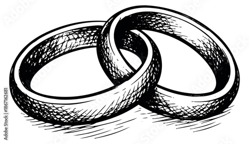 Hand drawn line art illustration of intertwined wedding rings depicting union for wedding celebration