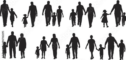 Cartoon family silhouette icon set with adults and children walking, holding hands, and bonding for lifestyle and relationship themes.