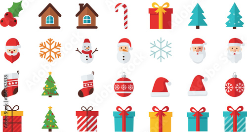 Christmas holiday festive icon set featuring Santa, gifts, trees, snowflakes, ornaments, stockings, decorations and winter symbols, cad drawing flat vector illustration