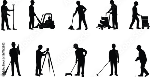Cartoon industrial worker silhouette set with tools, vehicles, and gear for construction, logistics, and maintenance themes.