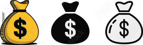 Cartoon money bag icon set in three styles—yellow, black, and gray—for finance, savings, and economic themes.