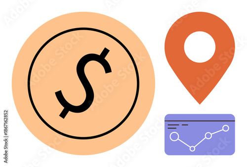 Financial planning, business growth, location-based searches, economic analysis, market research, data visualization. Dollar symbol, map pin and data chart. Financial planning and business growth