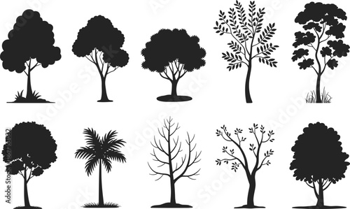 Cartoon tree silhouette icon set with diverse foliage, branching styles, and seasonal variation for nature, forest, and landscape themes.
