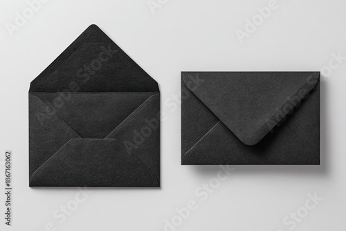 Two black envelopes, one open, one closed, on a white background, top view