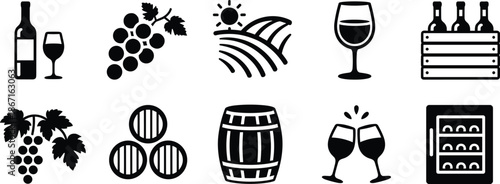 Cartoon wine and vineyard icon set with bottles, glasses, grapes, barrels, and cooler for winemaking and celebration themes.