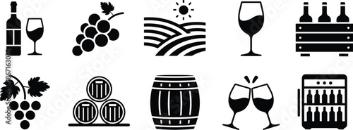 Cartoon wine and vineyard icon set with bottles, glasses, grapes, barrels, and cooler for viticulture and celebration themes.