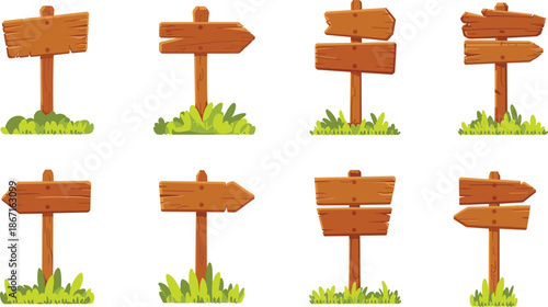 Cartoon wooden signpost icon set with directional arrows and grassy bases for maps, games, and outdoor navigation themes.
