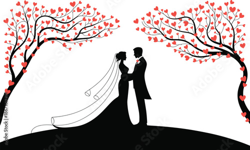 Romantic wedding silhouette illustration with bride, groom, and heart trees for love, celebration, and marriage themes.