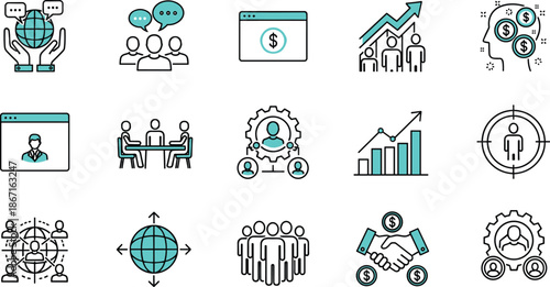 Set of 15 business and finance icons with teal accents, covering strategy, growth, teamwork, and global communication themes.