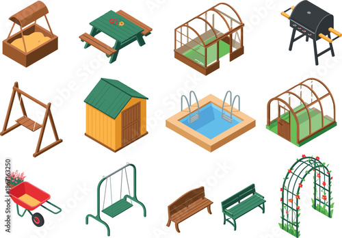 Isometric outdoor and garden element set: sandbox, greenhouse, swing, shed, pool, benches, ideal for backyard design projects.