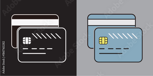 Flat vector illustration of two payment cards, one dark and one light blue, representing secure online financial transactions, digital payments, and modern banking technology