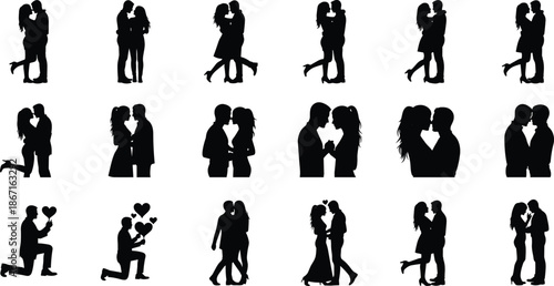 Set of 16 romantic couple silhouette icons in affectionate poses, ideal for love, wedding, and Valentine’s designs.