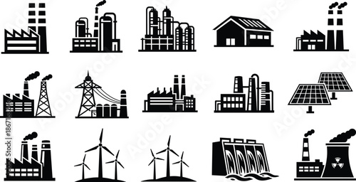 Set of 16 black industrial and energy facility silhouettes including factories, solar panels, wind turbines, and power plants.