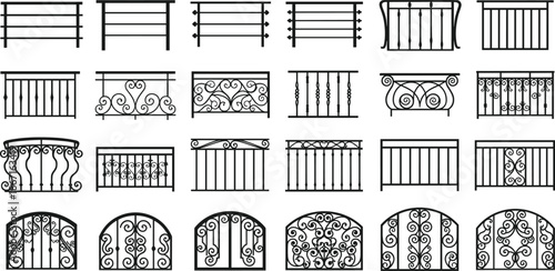 Set of 25 wrought iron railing designs with decorative scrollwork and bars, ideal for architecture and interior design reference.