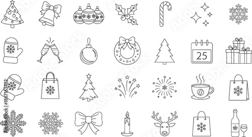 Christmas icon set, black and white line illustrations, festive symbols, decorations, vector pack for seasonal holiday design
